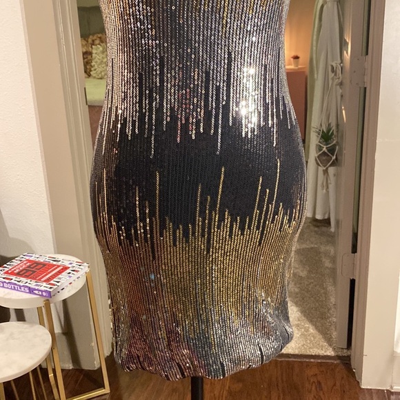 As U Wish black gold silver sequin one shoulder mini dress short tight fitted S‌ - Picture 4 of 15